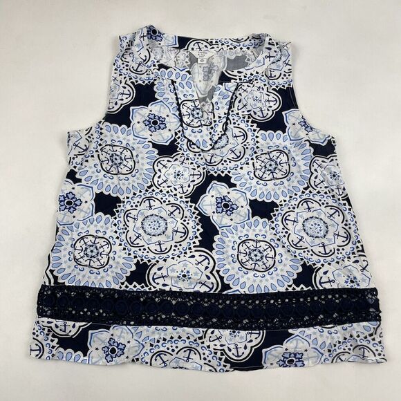 Crown & Ivy Nautical Anchor Tank V-Neck Sleeveless Blouse Size PM Petite M - Picture 2 of 7
